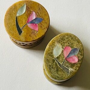 Set of 2 Round and oval Inlay Stone Trinket Boxes with Floral Motifs